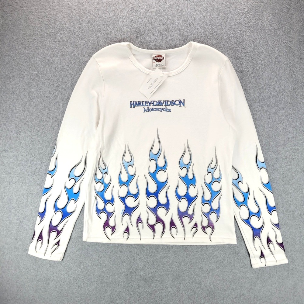 Harley-Davidson Womens White Blue Purple Flame Long Sleeve T-Shirt 2X NWT USA